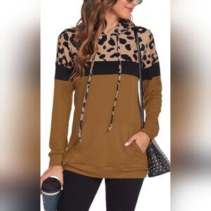 Womens Leopard Print PullOver Hoodie Long Sleeve ColorBlock SweatShirt Pocket